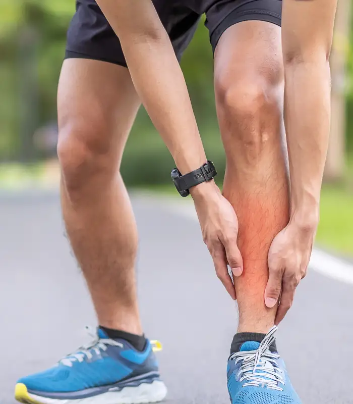 Foto de Hombre corriendo sufre un dolor en la pierna.